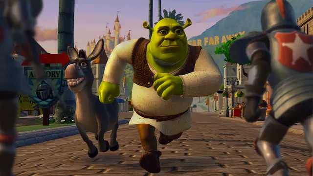Shrek and Donkey charge down a castle street alongside armored knights