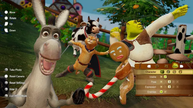 Photo Mode: Donkey, a cow, Gingy and Shrek strike a pose with the camera menu open