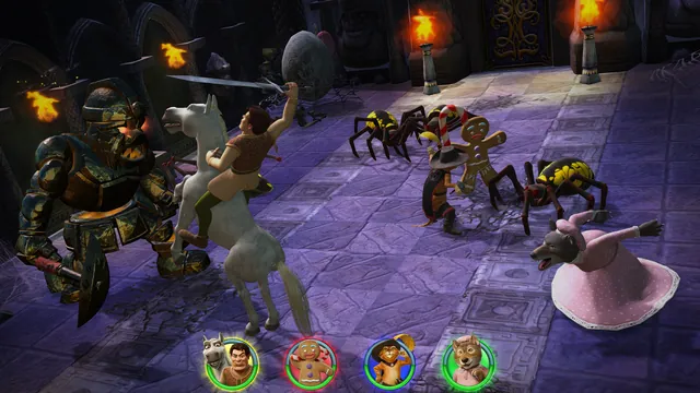 Four heroes fight giant spiders, with each player’s portrait along the bottom of the screen