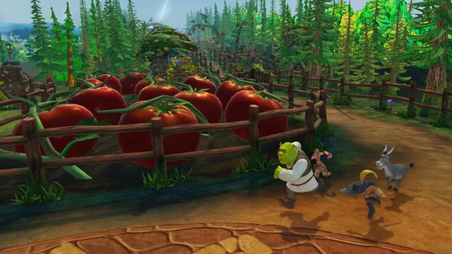 Shrek and friends run through a farm field of giant tomatoes