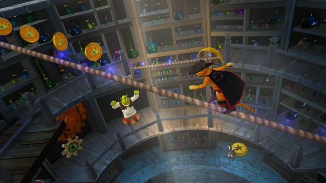 Puss in Boots walks a tightrope high above a round tower room