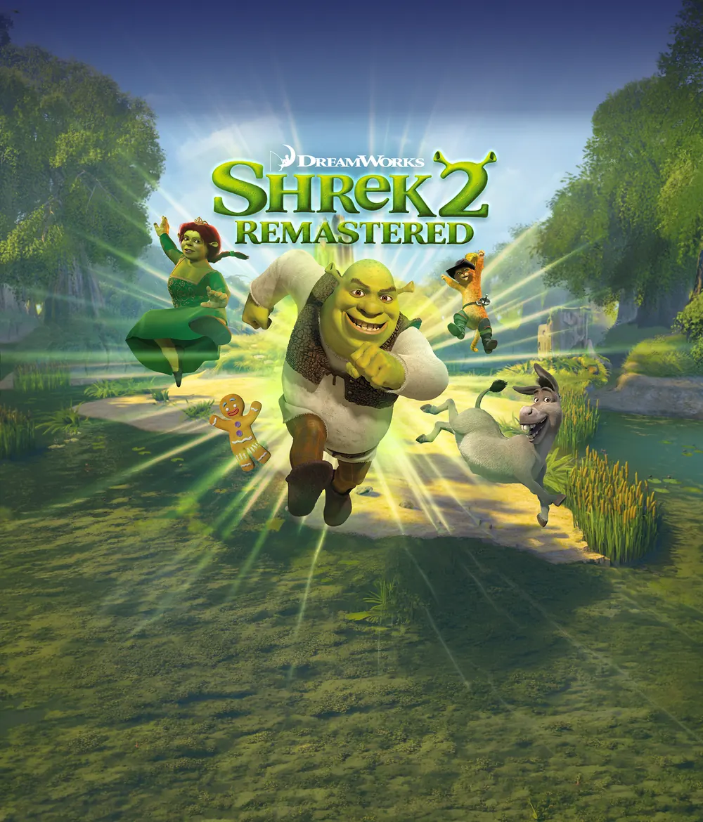 The DreamWorks Shrek 2 Remastered logo above Shrek, Fiona, Donkey, Puss in Boots and Gingy charging out of the forest