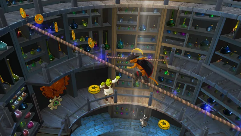 Puss in Boots walks a tightrope above a round room lined with potion shelves