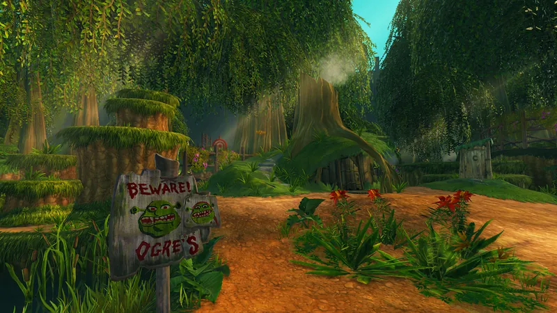 A dirt path winds past a “Beware! Ogre’s” sign in Shrek’s swamp